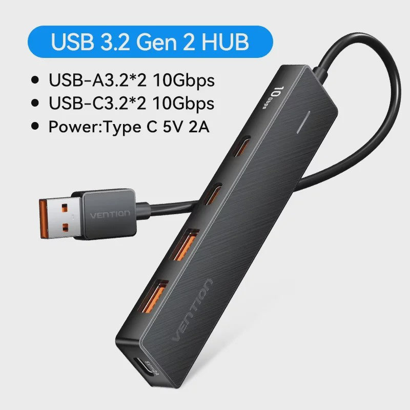 Vention 5-Poorts USB 3.2 Gen2 Hub met 10Gbps Snelheid - USB-A & Type-C Multiport Adapter