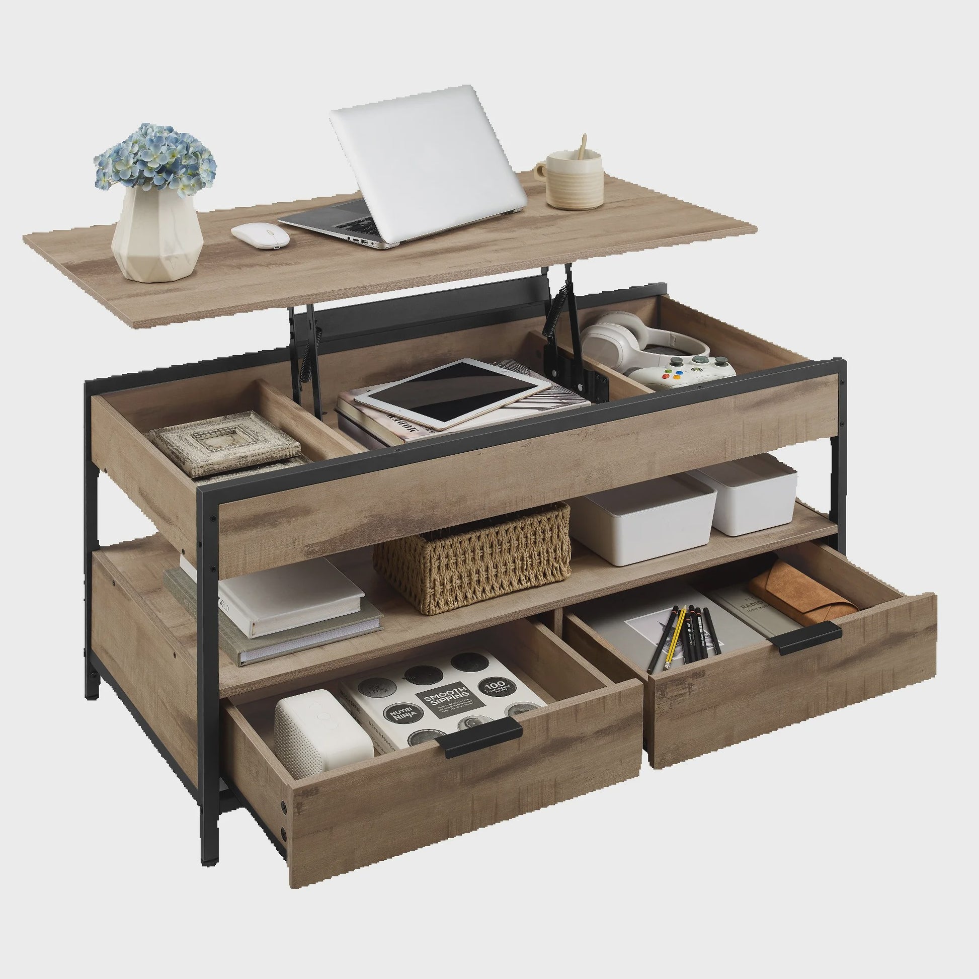 Verstelbare Salontafel met Lade en Open Vak - 100x50cm