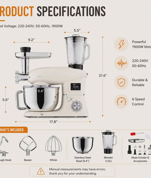 1900W Multifunctionele Planeetmixer met Vleesmolen & Blender - 6 Snelheden & LED Display