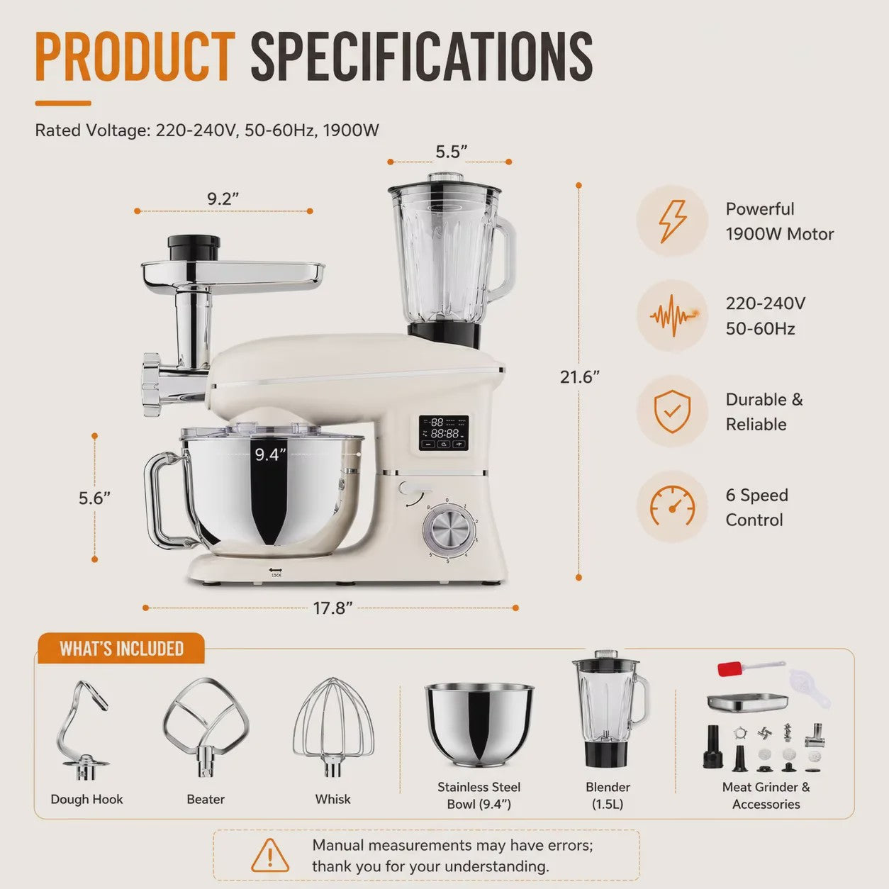 1900W Multifunctionele Planeetmixer met Vleesmolen & Blender - 6 Snelheden & LED Display