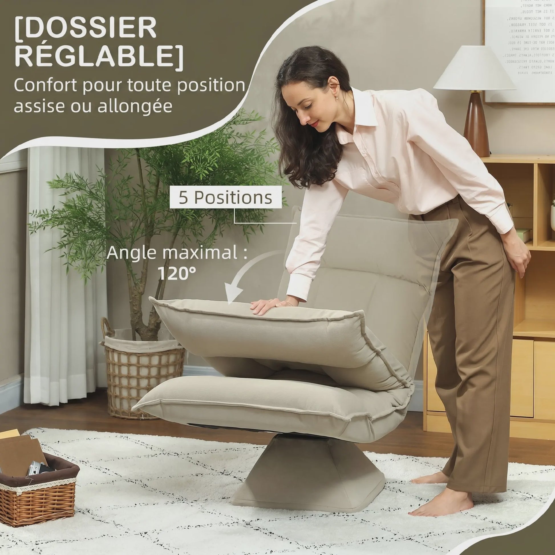 Verstelbare Draaistoel met 5 standen en zacht velours - Beige