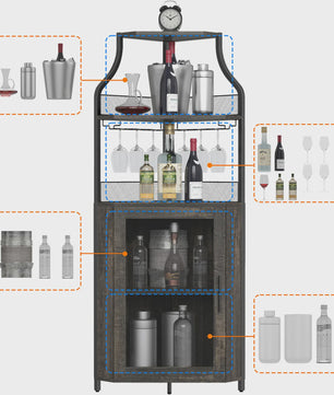 Industriële Hoek Barbarkast met 5 Niveaus - Wijn- & Glazenrek, Verstelbare Planken, Mesh & Glazen Deuren