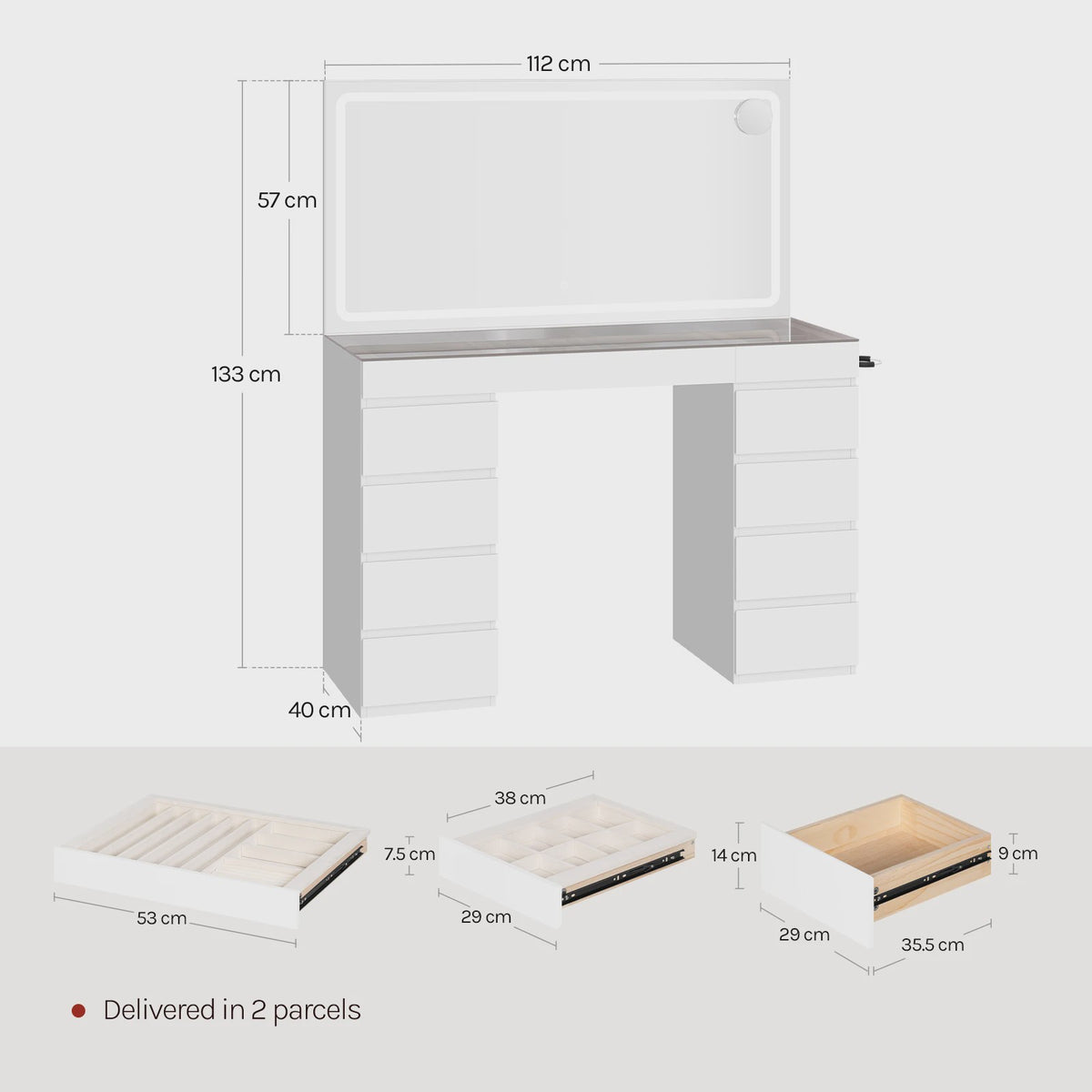 Luxe Kaptafel met Spiegel, Verstelbare LED Verlichting en 11 Lades - Perfect voor Slaapkamer