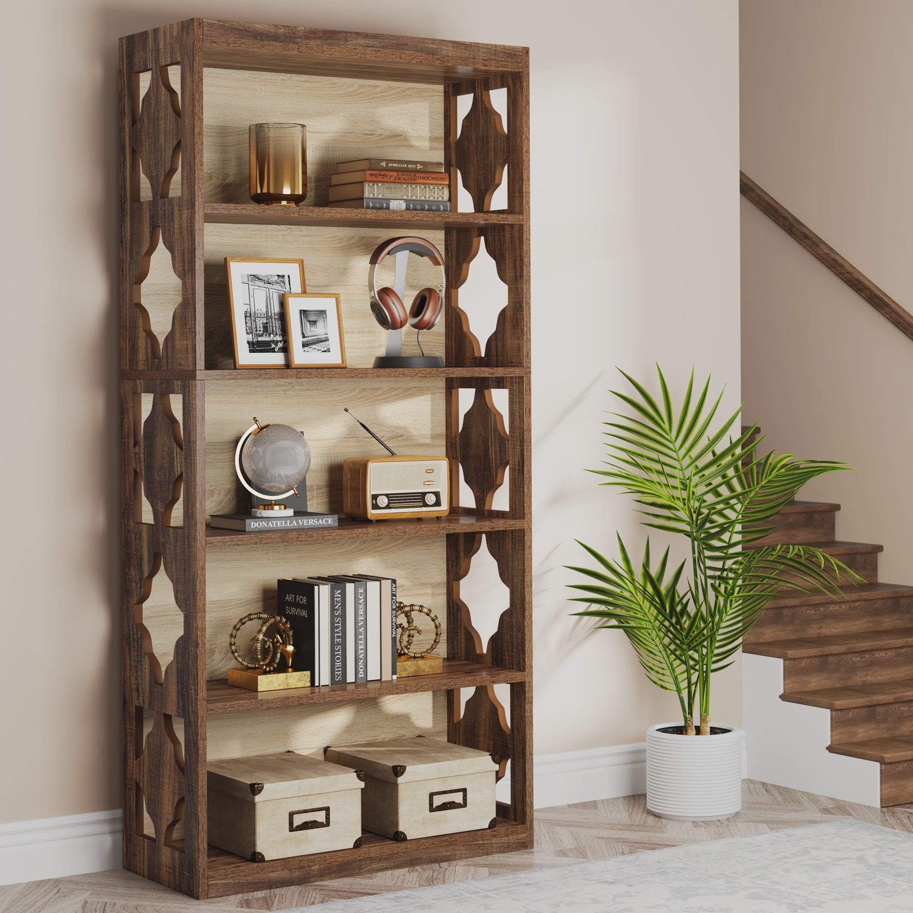 Industriële 6-Tier Boekenkast - 180 cm Hoge Open Opbergkast met 5 Planken