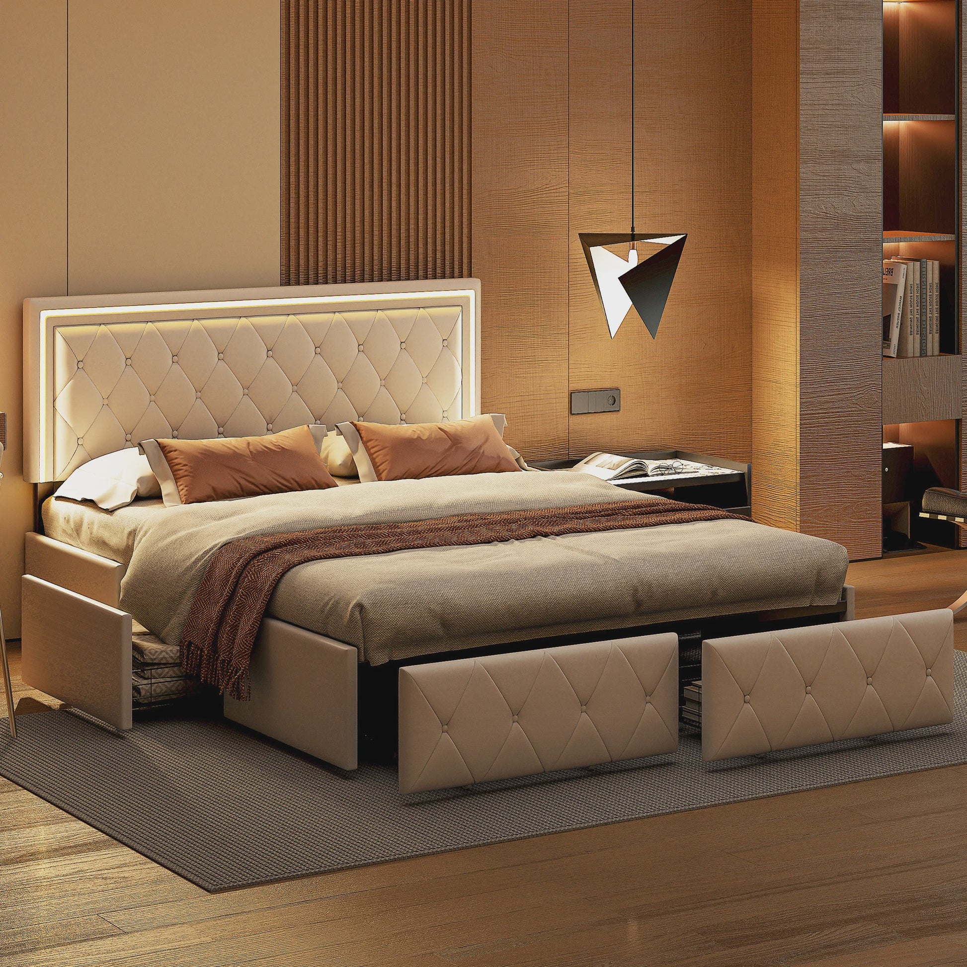 Modern Kunstlederen Bed met Lades en Opbergruimte - Stijlvol Dubbelbed