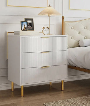 Houten Ladekast met 3 Lades, Modern Dressoir met Gouden Handgrepen en Metalen Poten