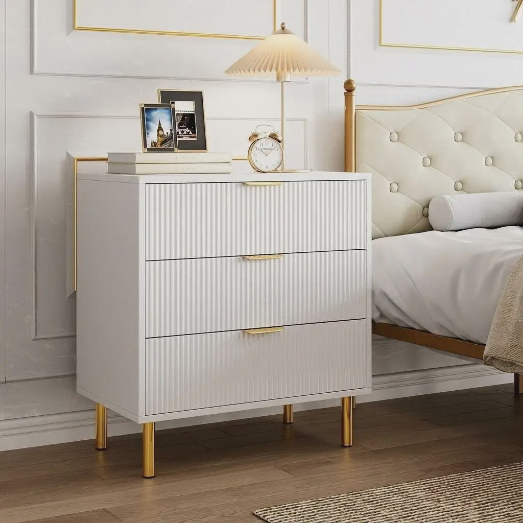 Houten Ladekast met 3 Lades, Modern Dressoir met Gouden Handgrepen en Metalen Poten