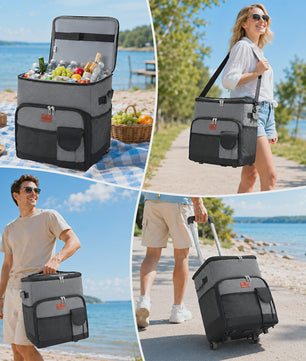 50L Large Cool Bag Box on Wheels, Leakproof Insulated Cooler Bag with Stable All Terrain Cart Handle, Portable Wheeled Picnic Thermal Bag for Camping Beach Fishing Grocery Shopping Travel