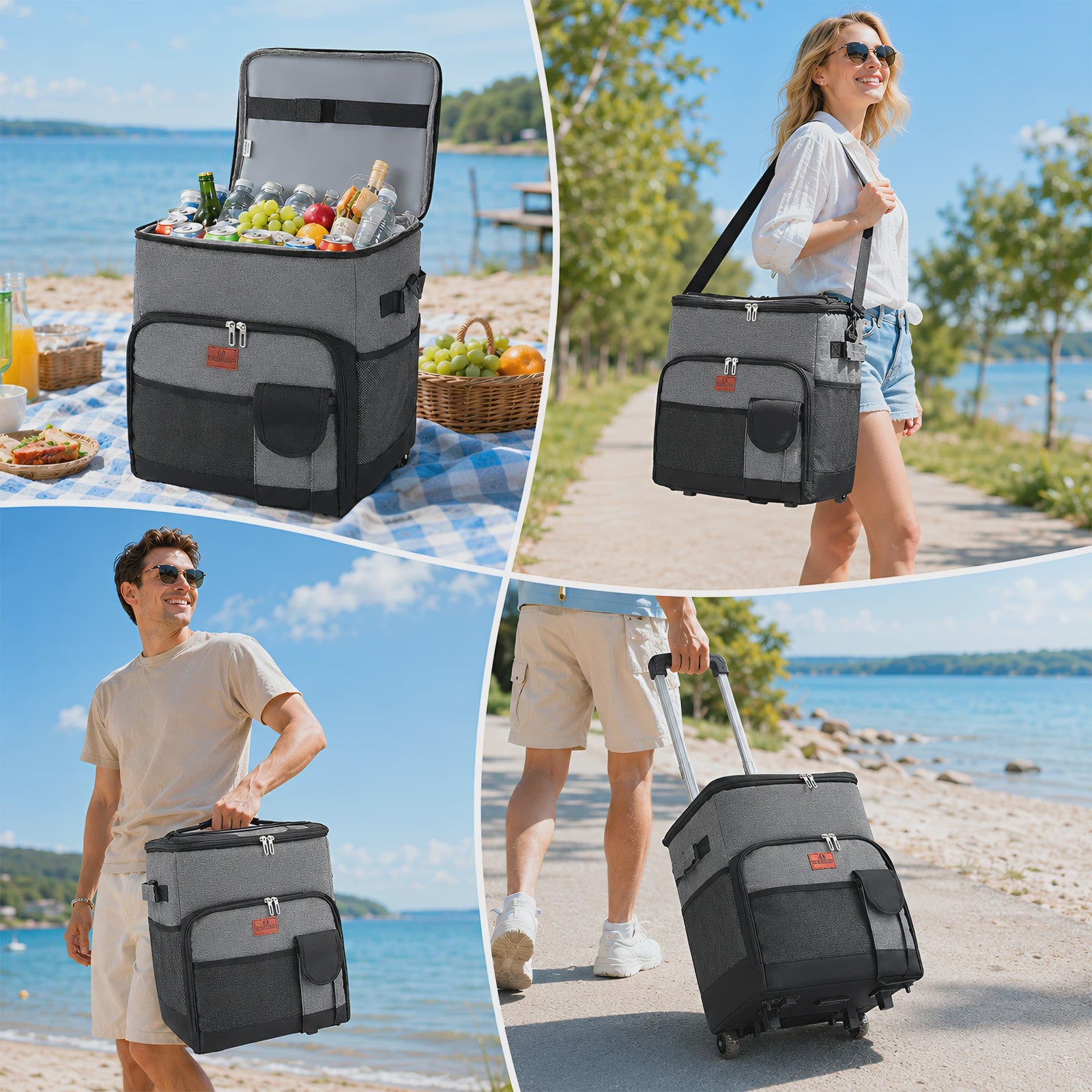50L Large Cool Bag Box on Wheels, Leakproof Insulated Cooler Bag with Stable All Terrain Cart Handle, Portable Wheeled Picnic Thermal Bag for Camping Beach Fishing Grocery Shopping Travel
