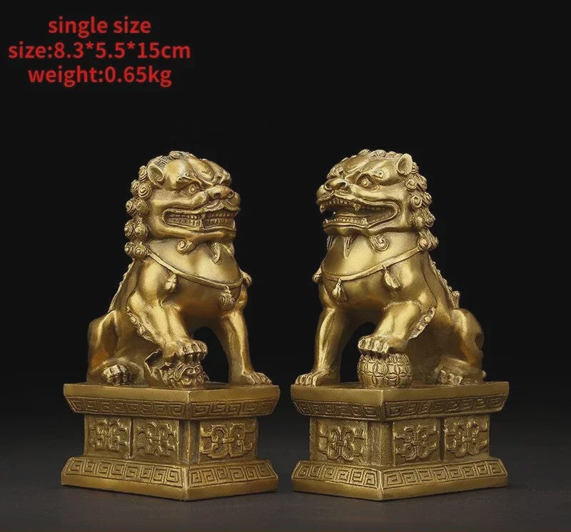 Set van 2 Koperen Feng Shui Leeuw Beeldjes - Symbool van Bescherming en Welvaart