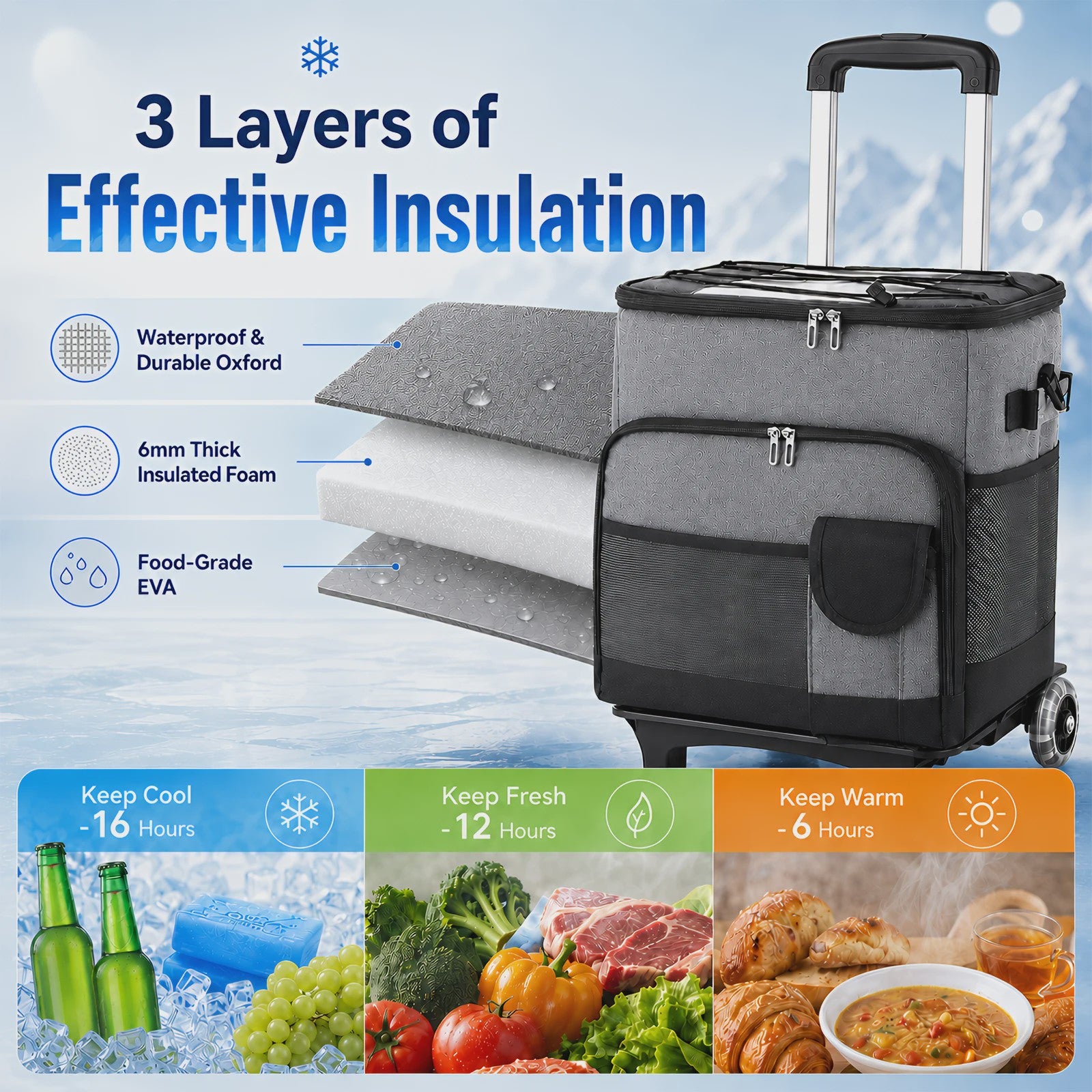New Insulated Bag Outdoor Picnic Camping Bag Waterproof Oxford Cloth Car Lunch Bag Cooler Bag With Wheels Portable Ice Chest For Picnic Beach Camping Family Outings Travel Keep Cool