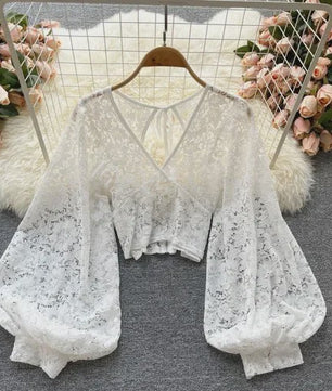 Elegante Dames Blouse met Kant en Lantaarnmouwen - V-hals & Backless