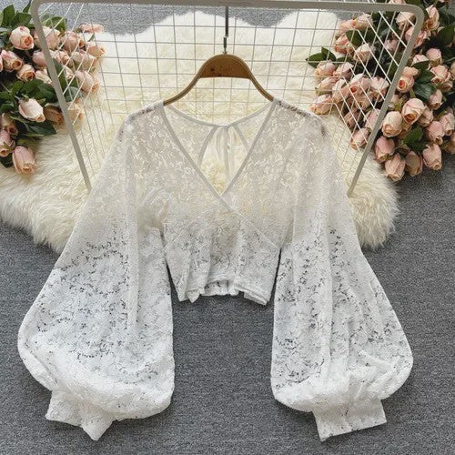 Elegante Dames Blouse met Kant en Lantaarnmouwen - V-hals & Backless