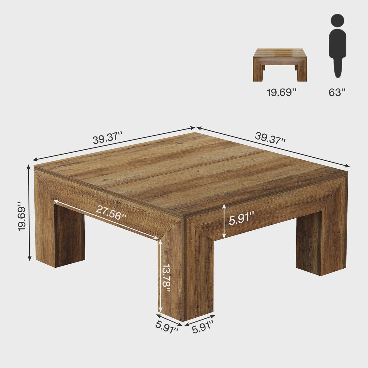Vierkante Salontafel Rustiek Bruin - 100x100cm - Stevig Houten Onderstel
