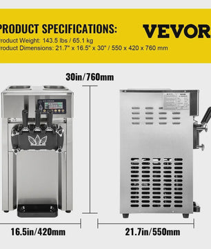 VEVOR Professionele Soft IJsmachine met 2+1 Smaken - 2200W