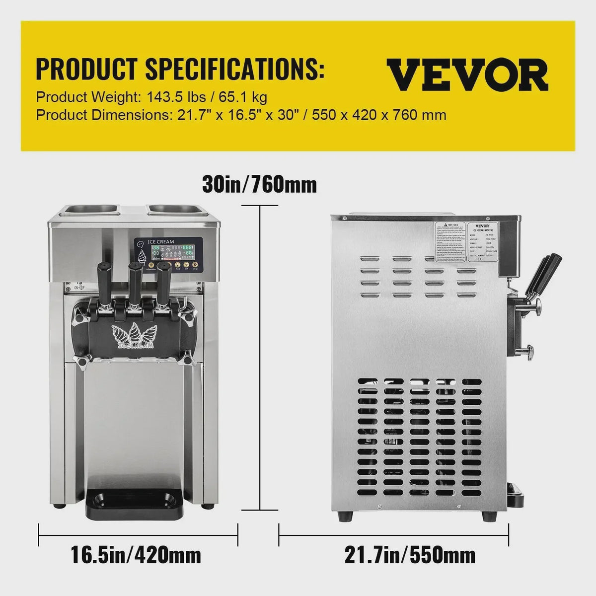VEVOR Professionele Soft IJsmachine met 2+1 Smaken - 2200W