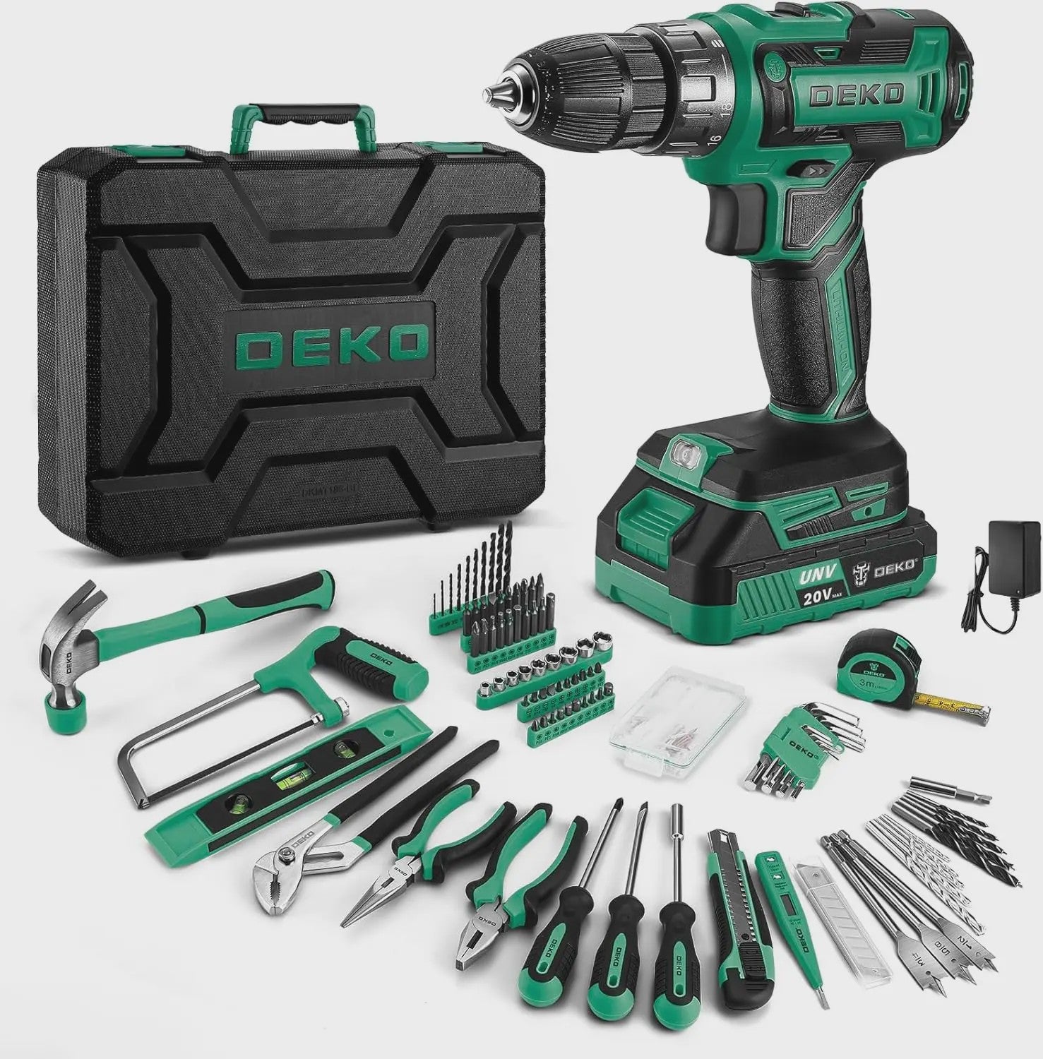 DEKO Complete Gereedschapskist met 20V Accuboormachine, 186 Delen - Professionele DIY Set