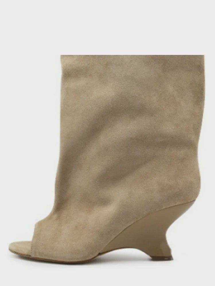 Dames Laarzen met Peep-toe, Hoge Schuine Hak en Kniehoge Schacht - Zomer/Lente Collectie