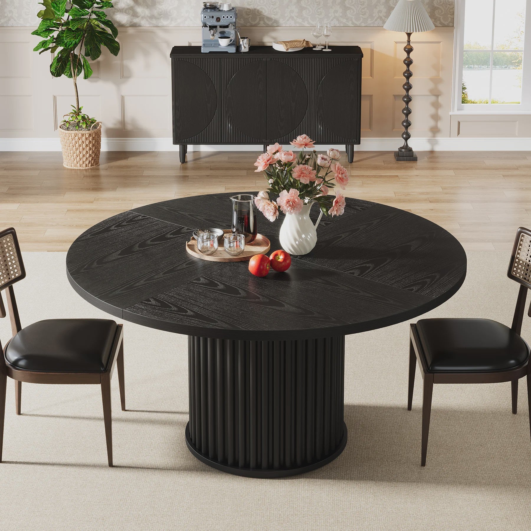 Zwarte Ronde Eettafel voor 4-6 Personen - 120 cm - Met Stijlvolle Gefineerde MDF & Metalen Onderstel