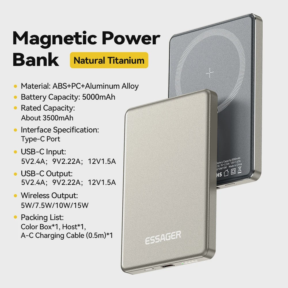 Essager Magnetische Powerbank 5000mAh 20W - Draadloos Snel Opladen voor iPhone (Magsafe)