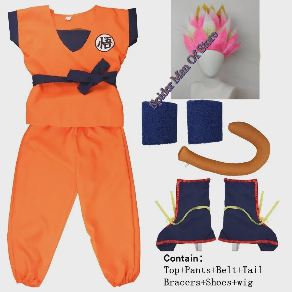 Son Goku Kinderkostuum met Pruik en Staart - Anime Cosplay Feestkostuum