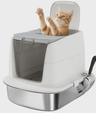 Pawhut Luxe RVS Kattenbak met Klepdeksel, Metalen Schep & Geurfilter - Wit
