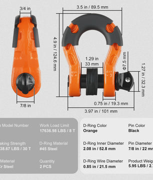 2x 3/4 Inch D-Ring Sluitingen met 7/8 Inch Pin voor Off-Road Voertuig Herstel