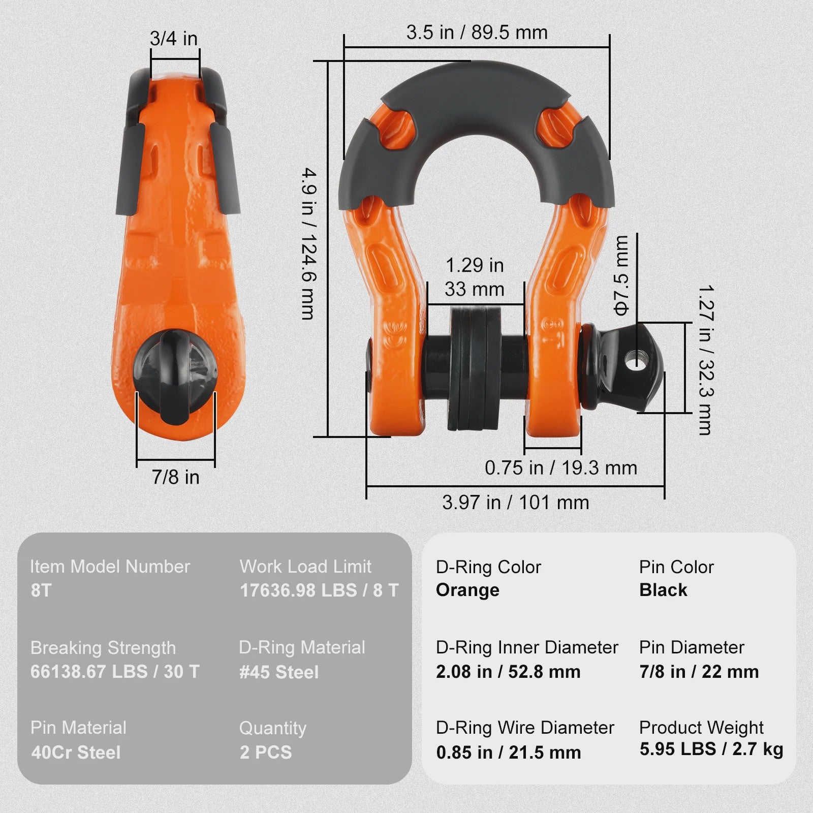 2x 3/4 Inch D-Ring Sluitingen met 7/8 Inch Pin voor Off-Road Voertuig Herstel