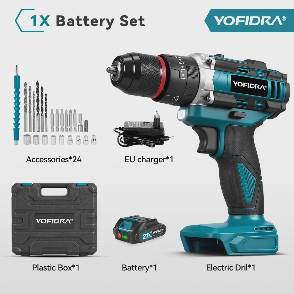 YOFIDRA 21V Accu Klopboormachine 3-in-1 met 25+3 Koppelinstellingen en LED Verlichting