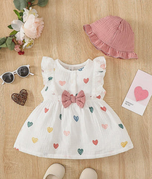 Schattige Baby Meisjes Jurk met Strik en Mutsje - Hartjes Print Zomer Set (0-9 Maanden)