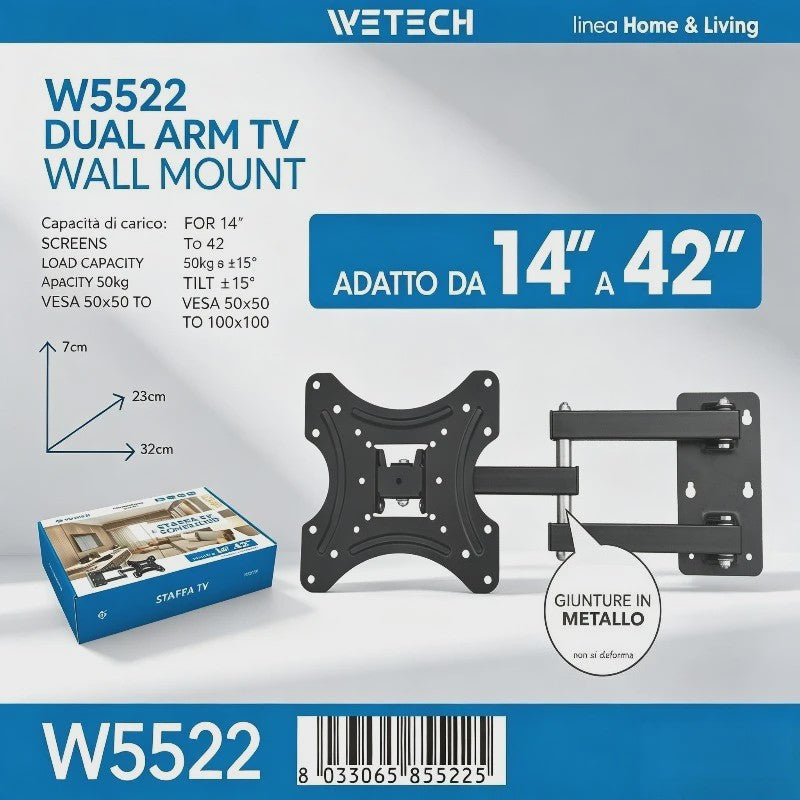 WETECH W5522 TV Wandsteun - Volledig Beweegbaar voor 14-42 Inch TV's, Max 50kg, VESA 50-100