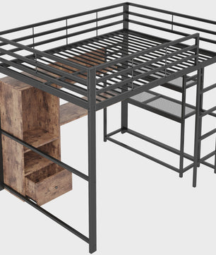 Zwart Metalen Loft Bed 140x200 cm met LED Verlichting, Bureau, Lade, Planken en Ladder