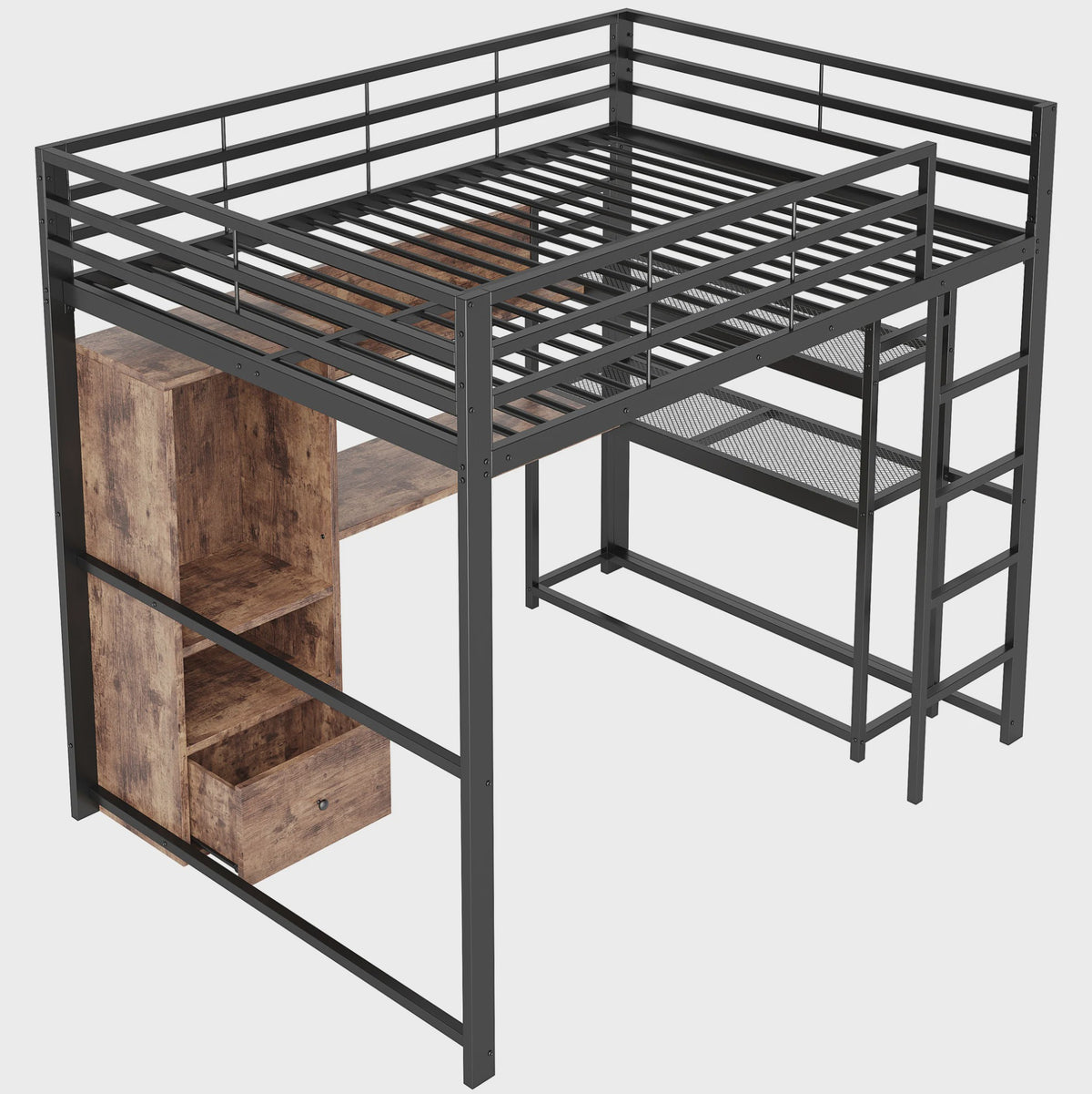 Zwart Metalen Loft Bed 140x200 cm met LED Verlichting, Bureau, Lade, Planken en Ladder