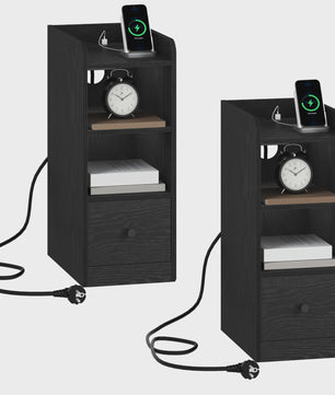 Nachtkastje set van 2 met laadstation, USB & Type-C, 3 opbergvakken en 1 lade - Zwart