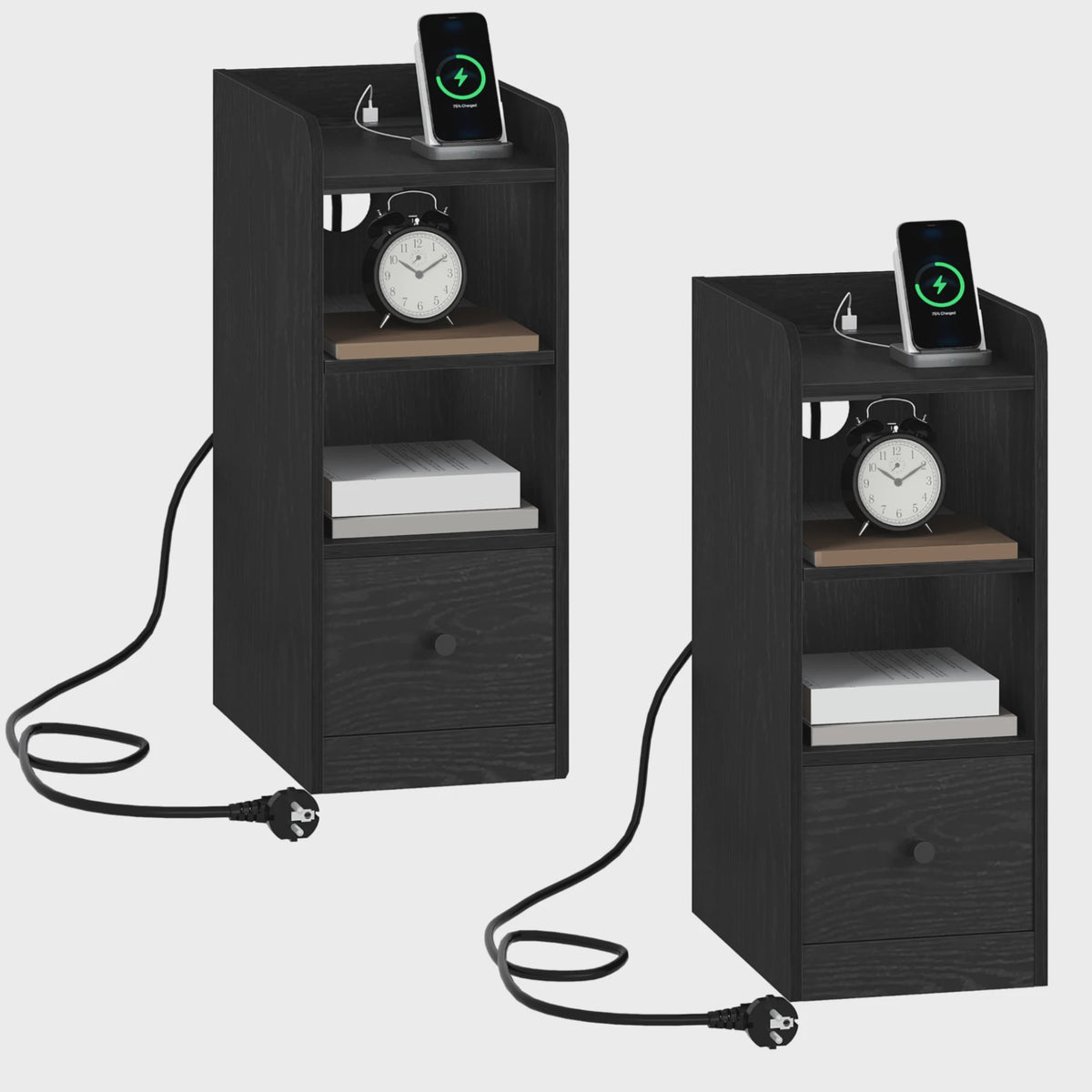 Nachtkastje set van 2 met laadstation, USB & Type-C, 3 opbergvakken en 1 lade - Zwart