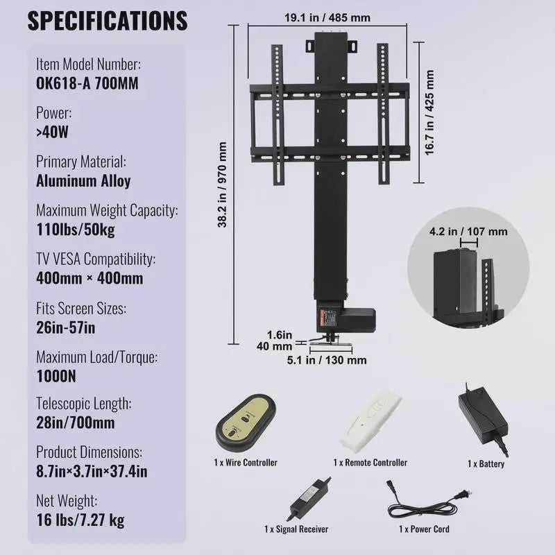 Automatische TV Lift Standaard - In Hoogte Verstelbaar (97.4-167.4 cm), Max. 60 kg