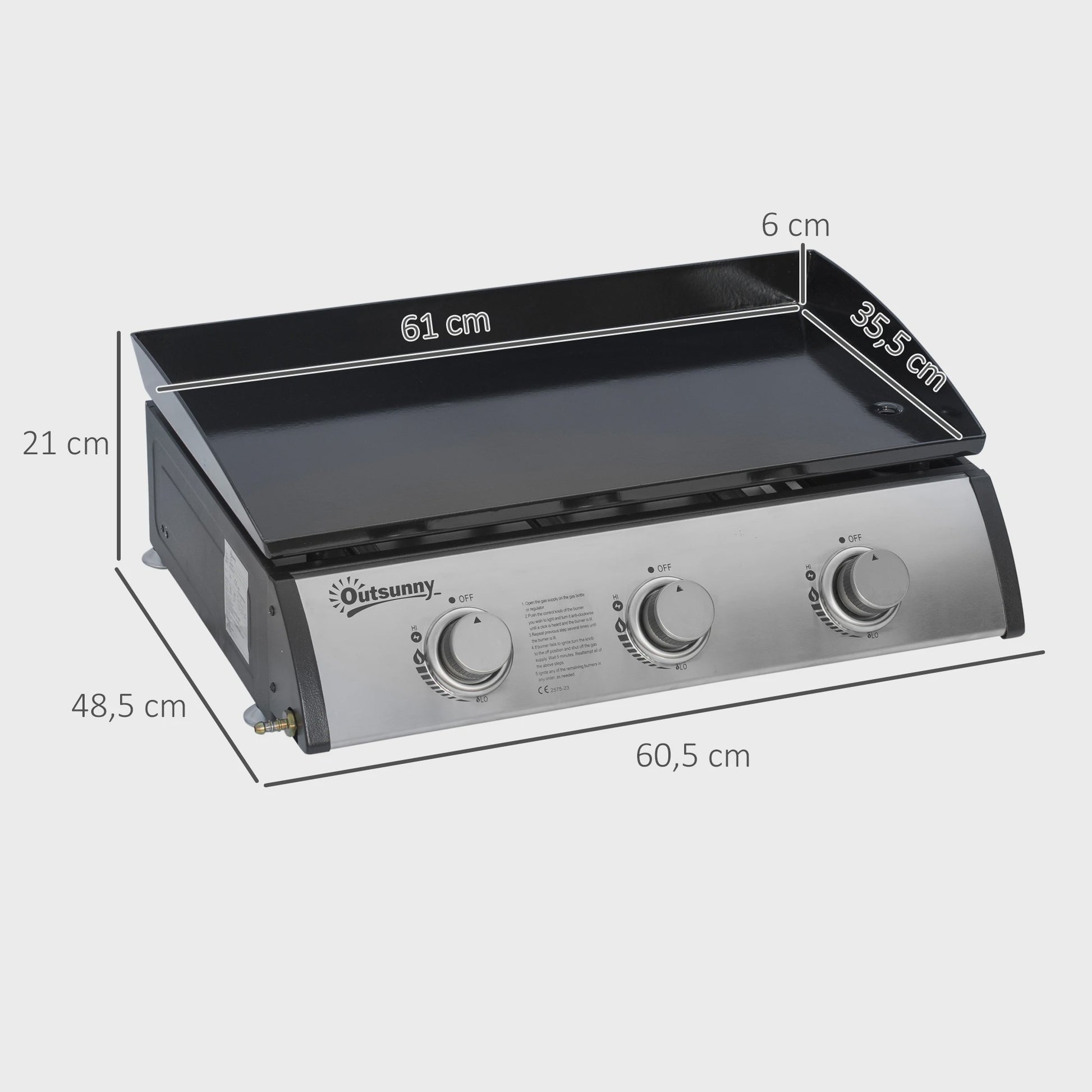 Gas Grill Plancha met 3 Branders - RVS - Non-stick - Zilver - 63x48x21 cm