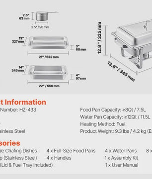 RVS Chafing Dish Buffet Set 8Qt - 4 of 6 Stuks - Catering Warmer met Deksel