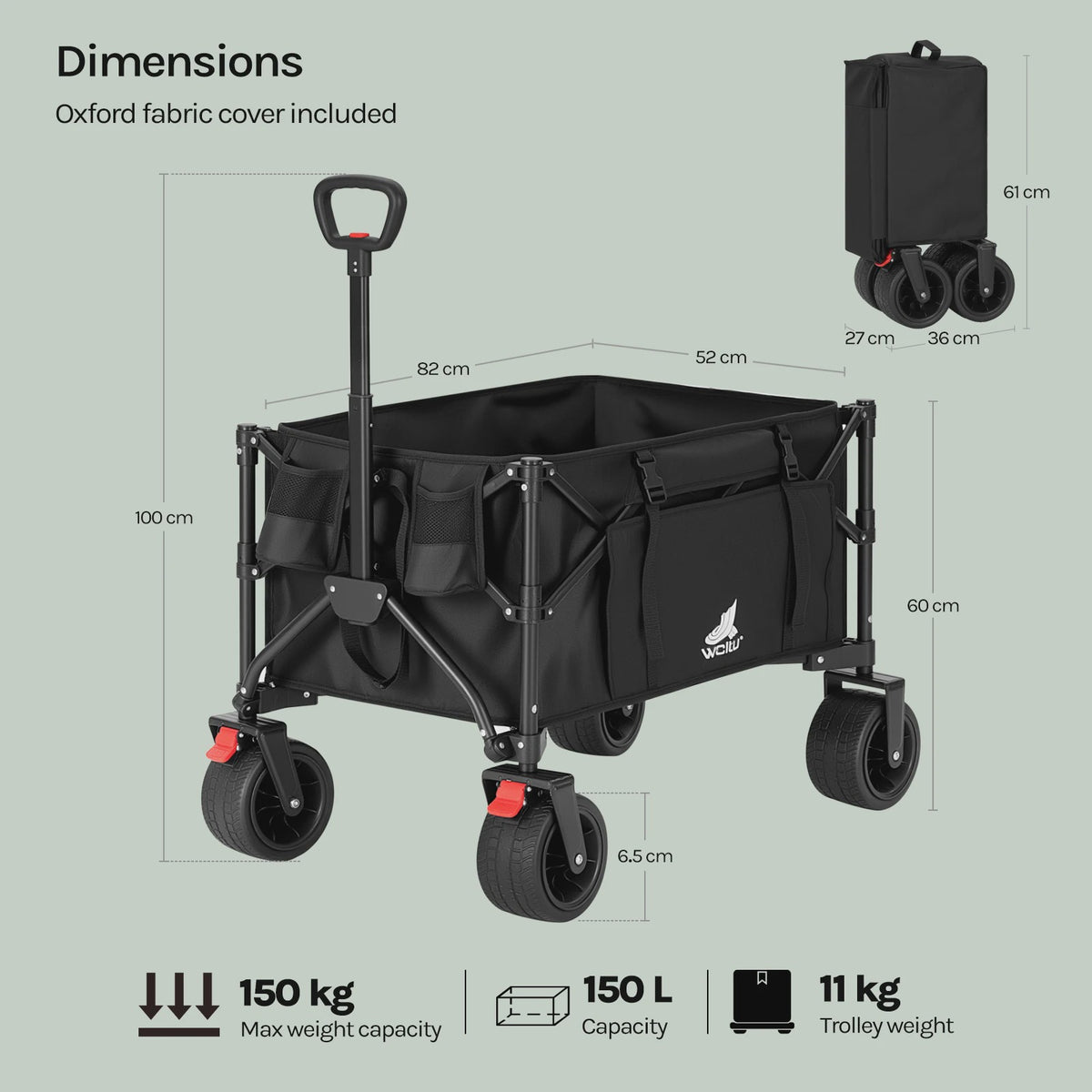 Opvouwbare Tuinwagen 150L met Zijvakken en Bekerhouders - Stevige Trolley voor Camping en Strand