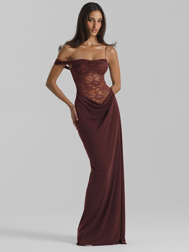 Chique Bruine Maxi Jurk met Kant en Off-Shoulder Design - Sexy Avondjurk
