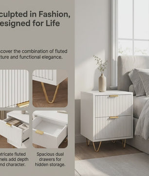 Moderne Witte Nachtkastje met 2 Lades en Gouden Poten - Scandinavisch Design