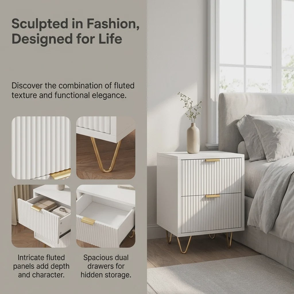 Moderne Witte Nachtkastje met 2 Lades en Gouden Poten - Scandinavisch Design