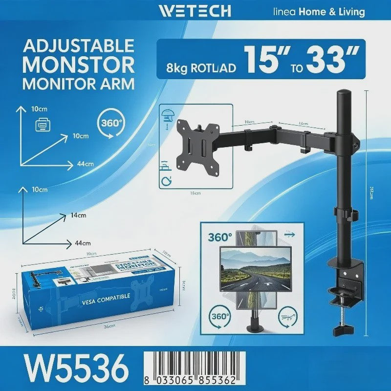 WETECH W5536 Monitor Arm: Verstelbare Desk Mount voor 15-33 Inch Schermen, 8kg Belasting, VESA 75/100, 360° Rotatie