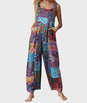 Zomerse Dames Jumpsuit met Etnische Print, Vierkante Hals en Zakken