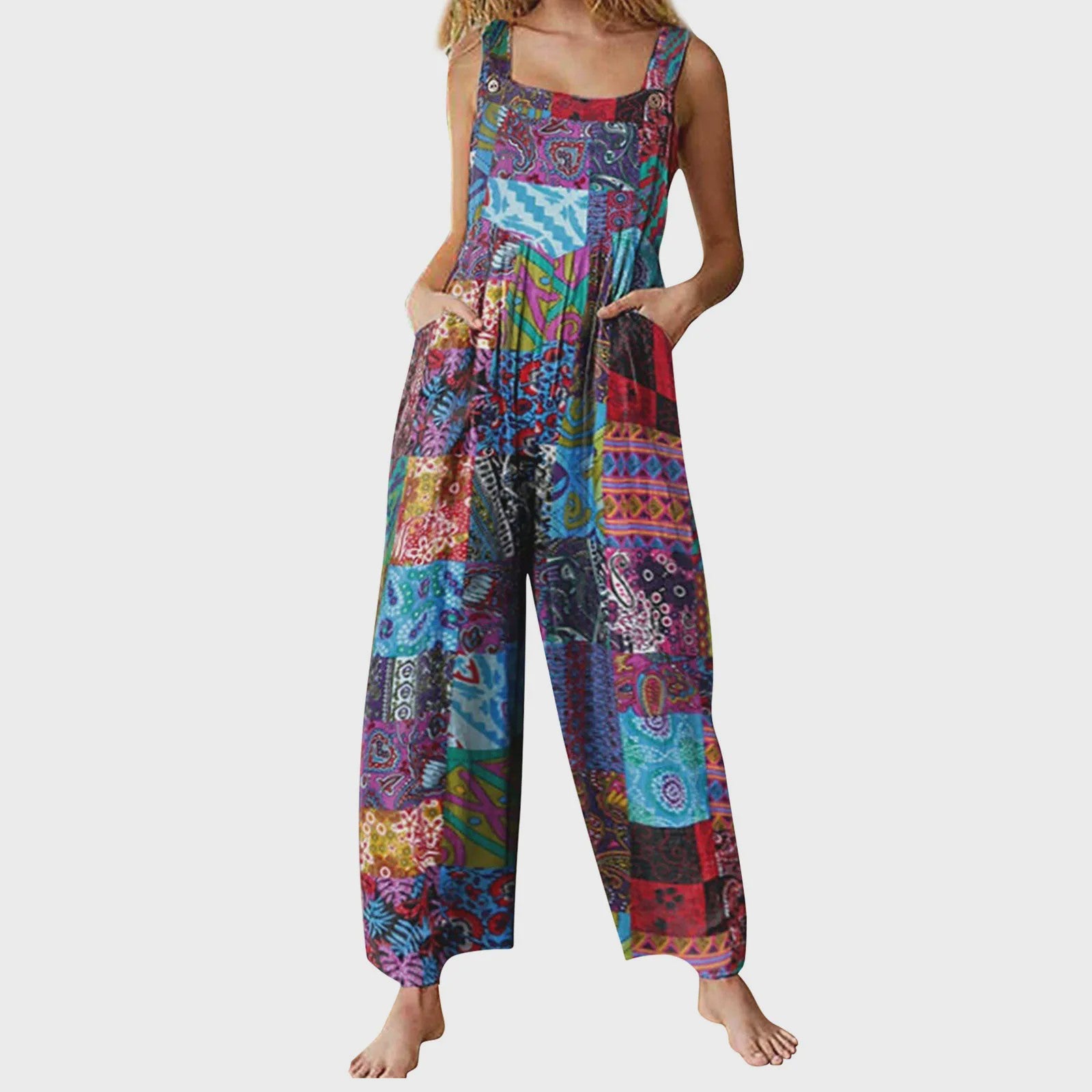 Zomerse Dames Jumpsuit met Etnische Print, Vierkante Hals en Zakken