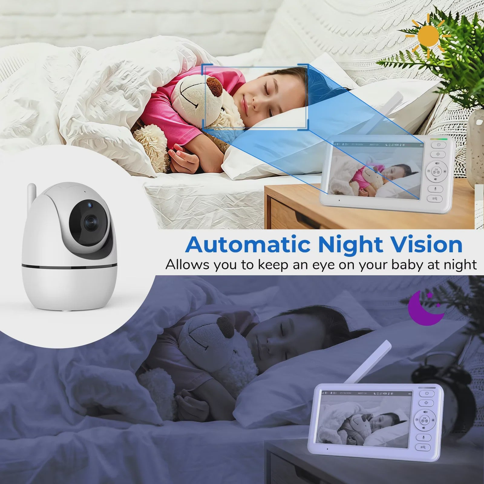 5 Inch Draadloze Babyfoon met PTZ Camera, Temperatuur, Nachtvisie & Tweeweg Audio