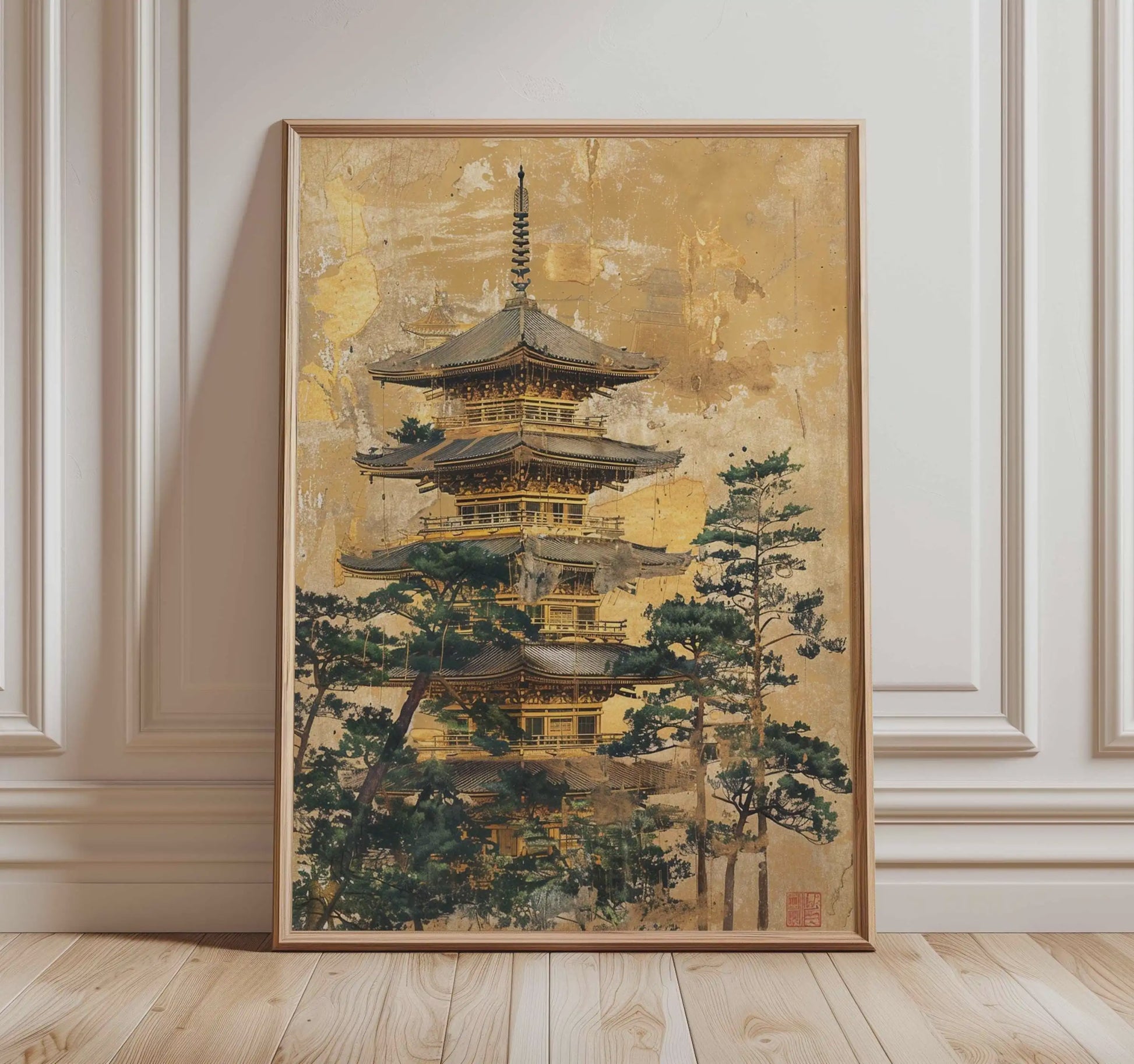 Japanse Kraanvogel Poster - Vintage Ukiyo-e Muurkunst met Rode Zon en Pijnboom