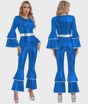 Dames Jumpsuit 70s Disco Metallic Met Wijde Pijpen en Flare Mouwen
