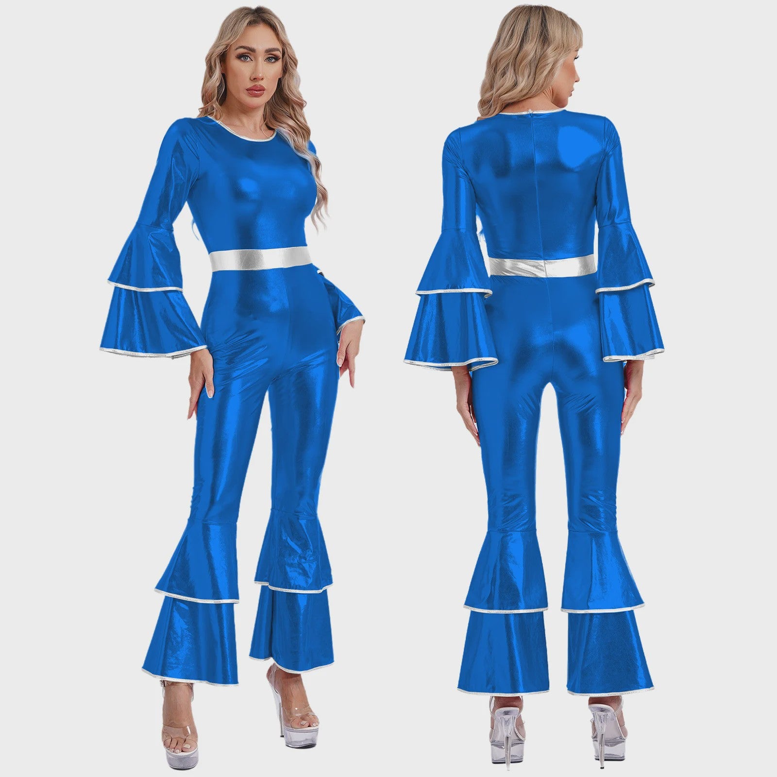 Dames Jumpsuit 70s Disco Metallic Met Wijde Pijpen en Flare Mouwen