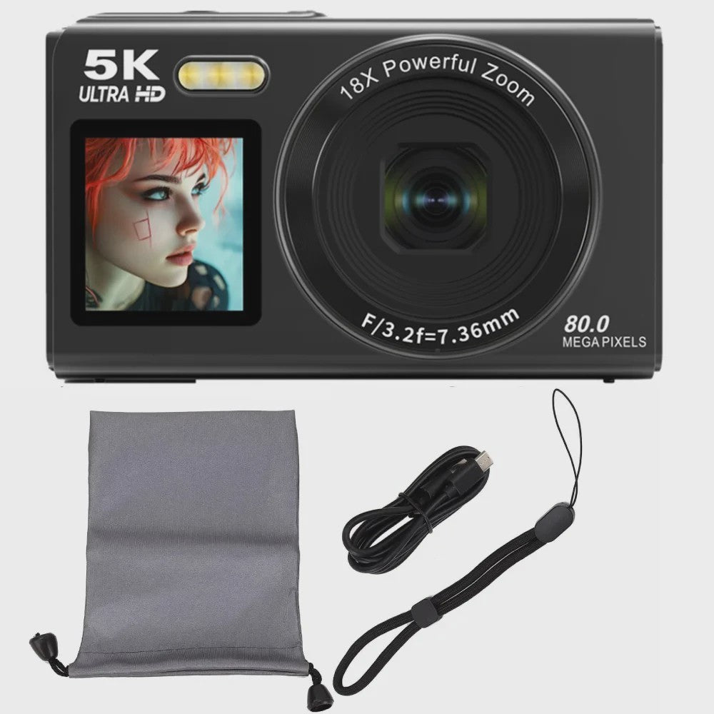 Ourlife Digitale Camera 5K 80MP met 18x Zoom, WIFI & Dual IPS Scherm - Vintage Vlog Camera